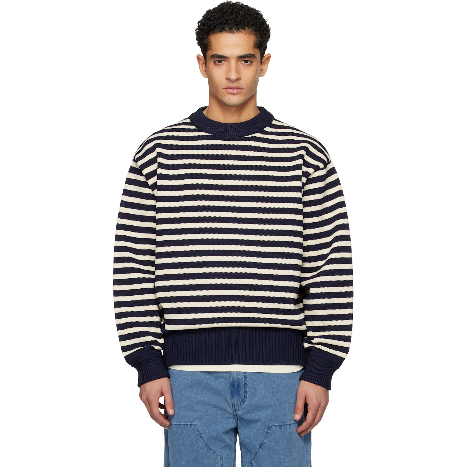 Navy & Off-White Mock Neck Stripe Sweater