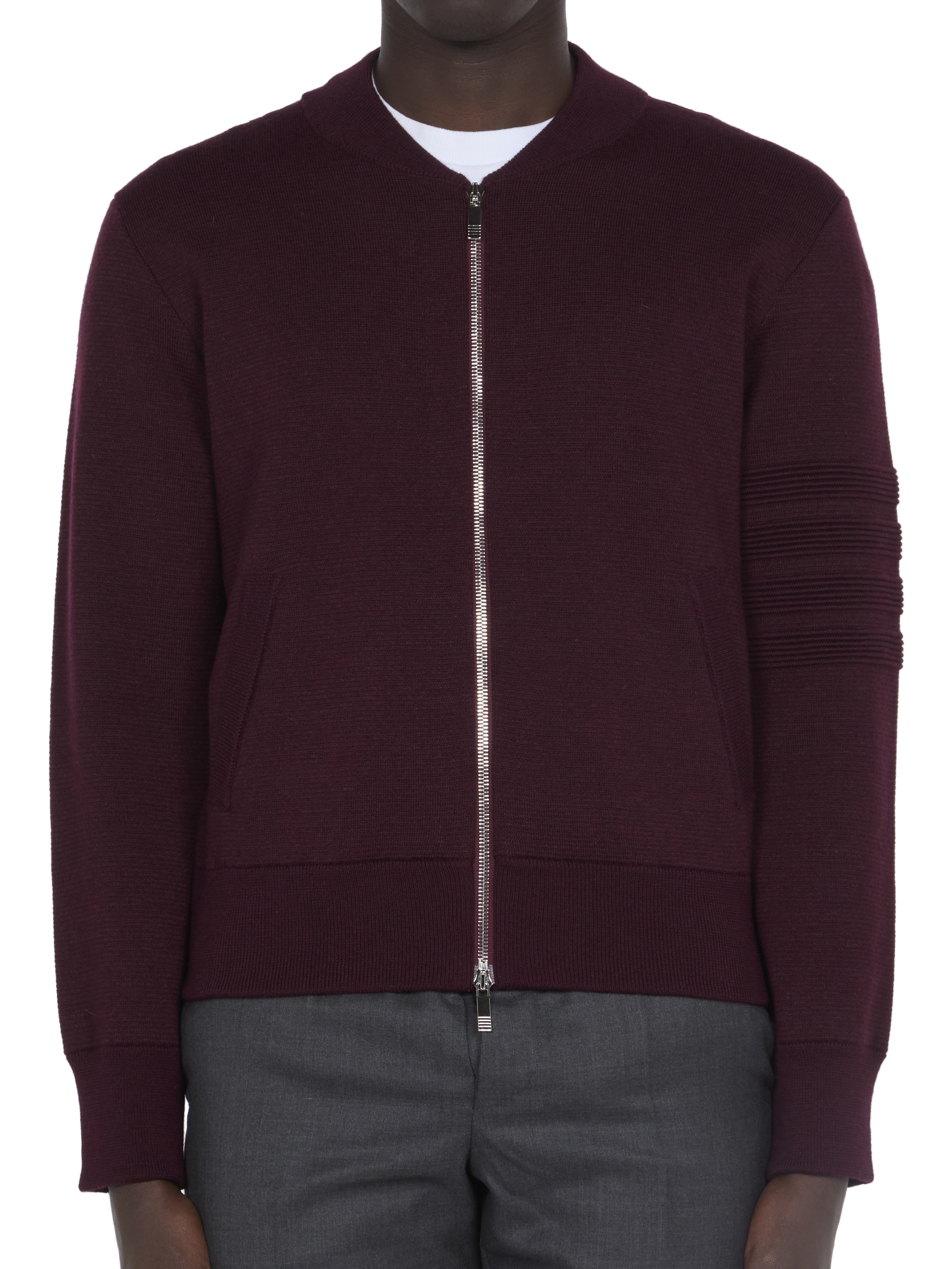 Merino Wool Zip-Up Bomber Jacket — Burgundy