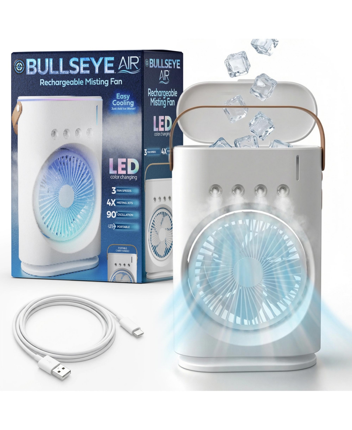Bullseye Air Portable Cordless Rechargeable Misting Fan with Led Light - White