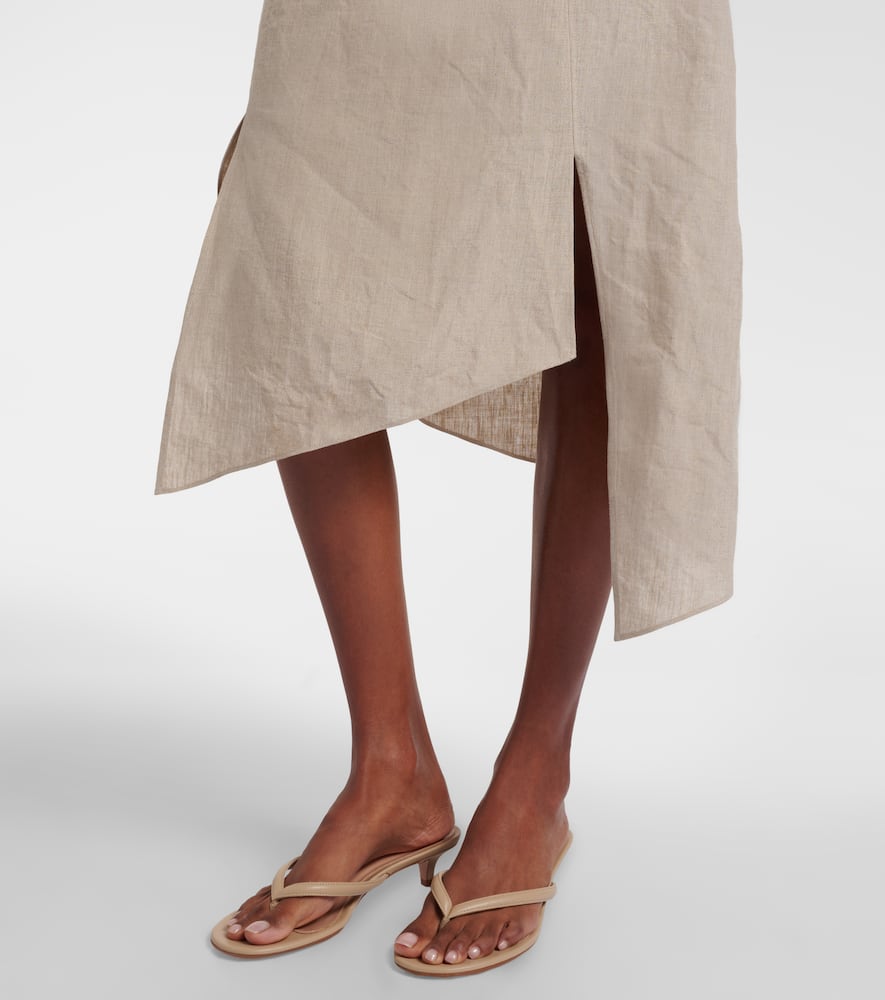 Floral-appliqué asymmetric linen midi skirt