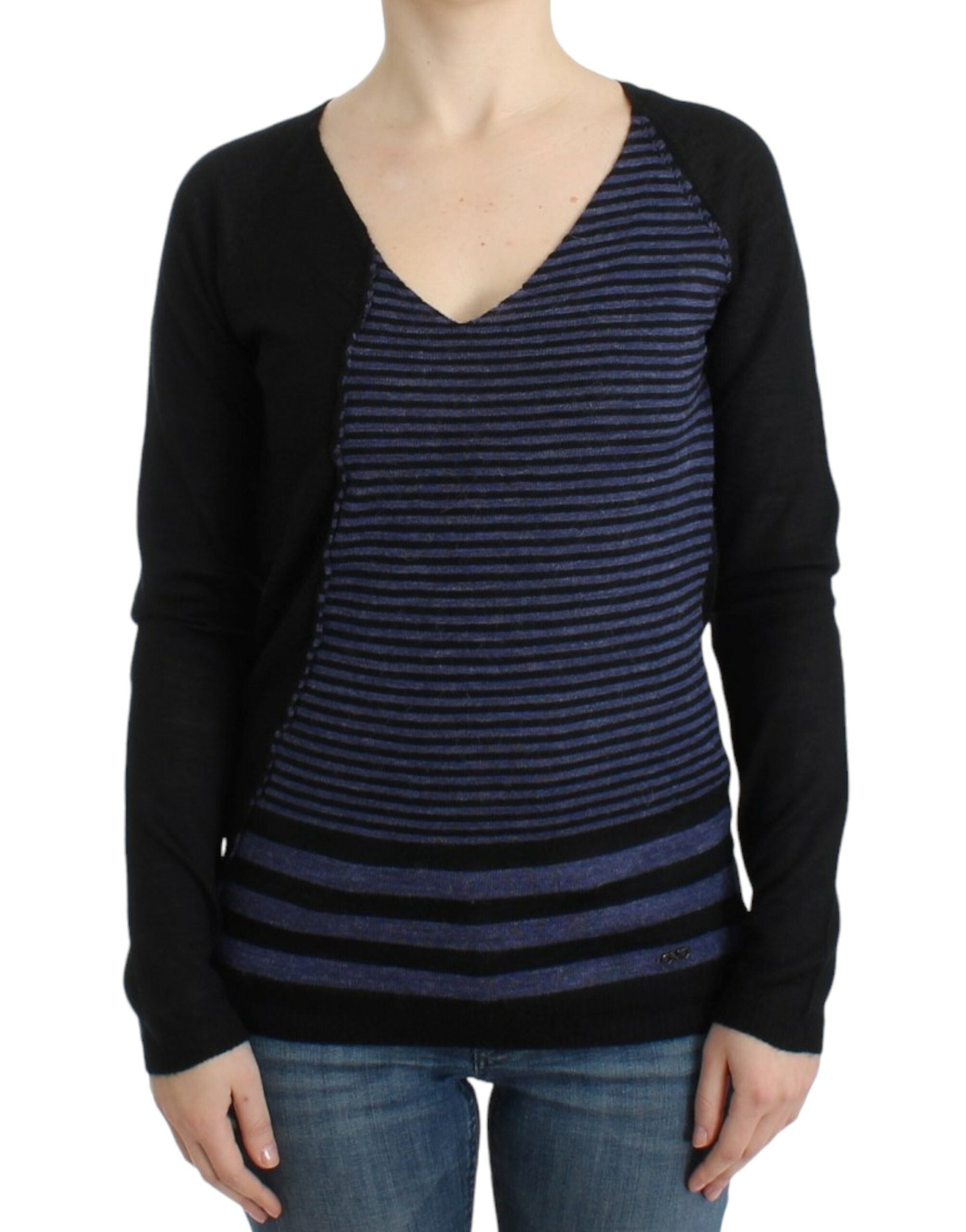 Striped V-Neck Sweater — Black