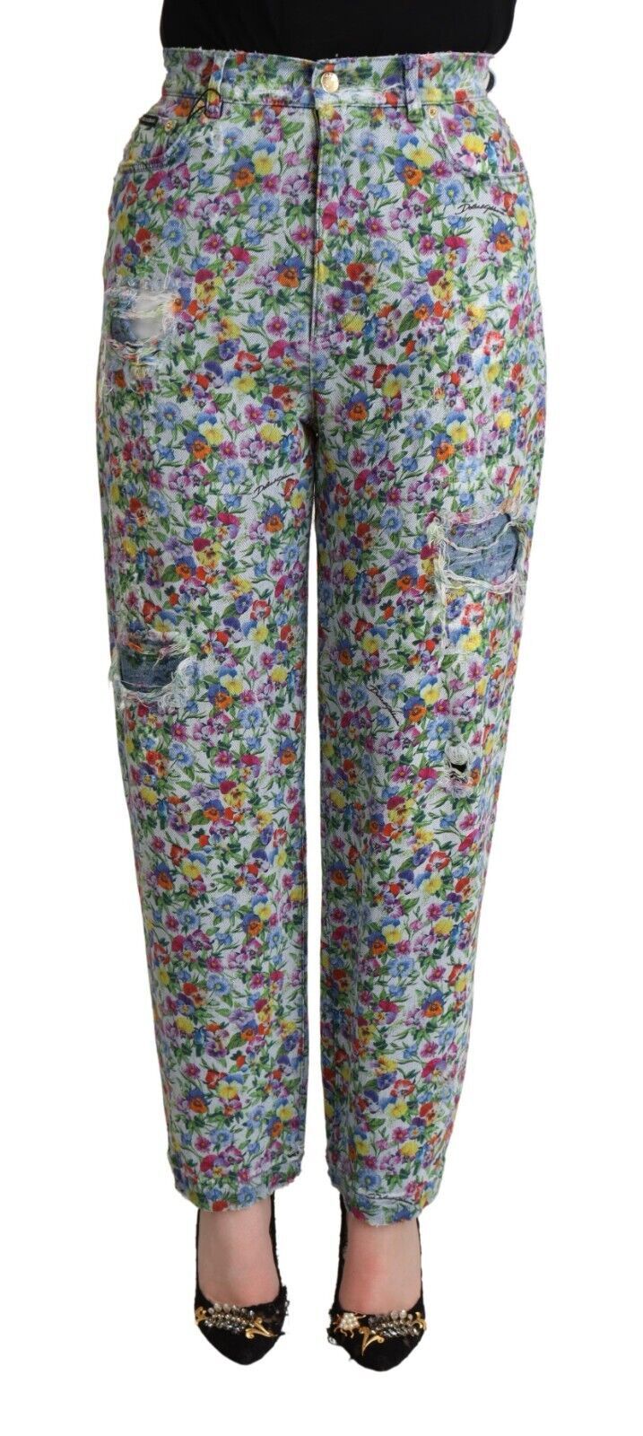 Floral Print Denim Jeans — Blue