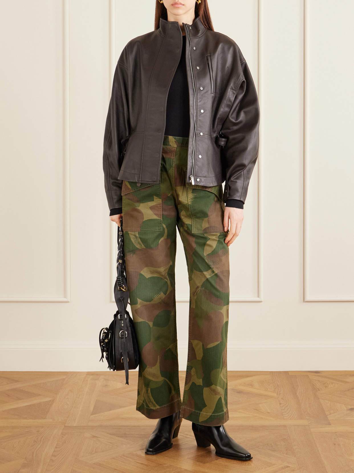Camouflage-print Cotton Wide-leg Pants - Green