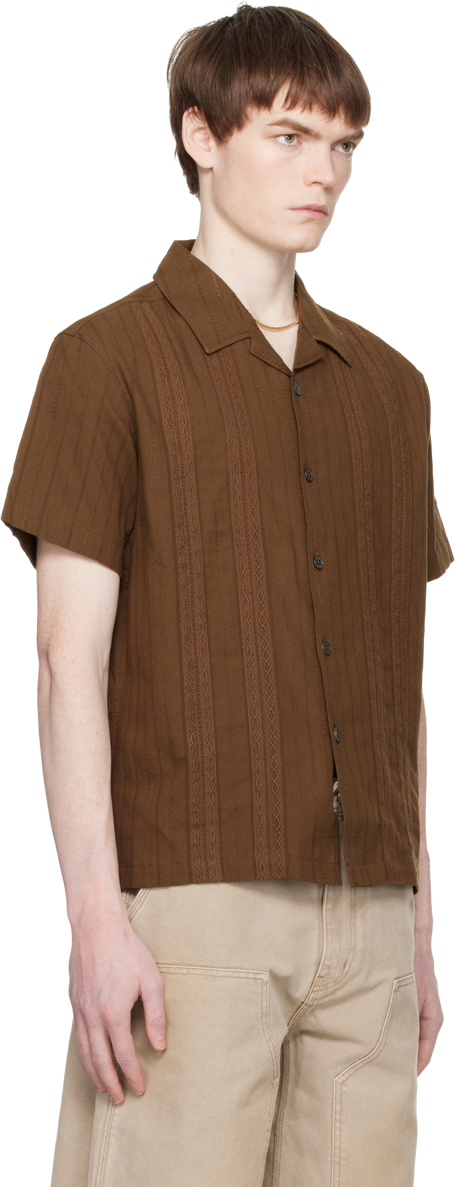 Brown Guayabera Tape Half Shirt