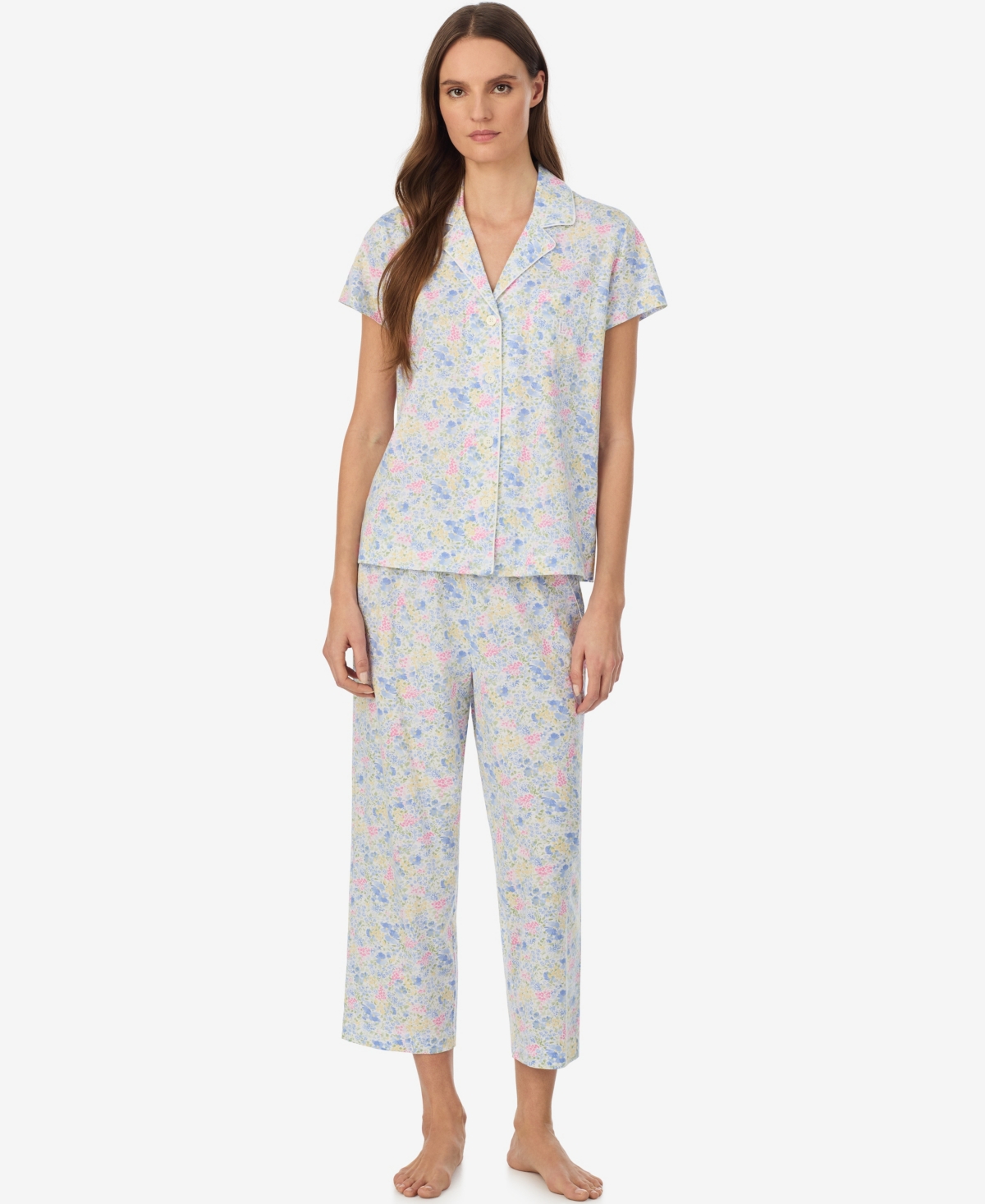 Women's Short-Sleeve Notch Collar Cropped Pant Pajama Set - Blue Floral