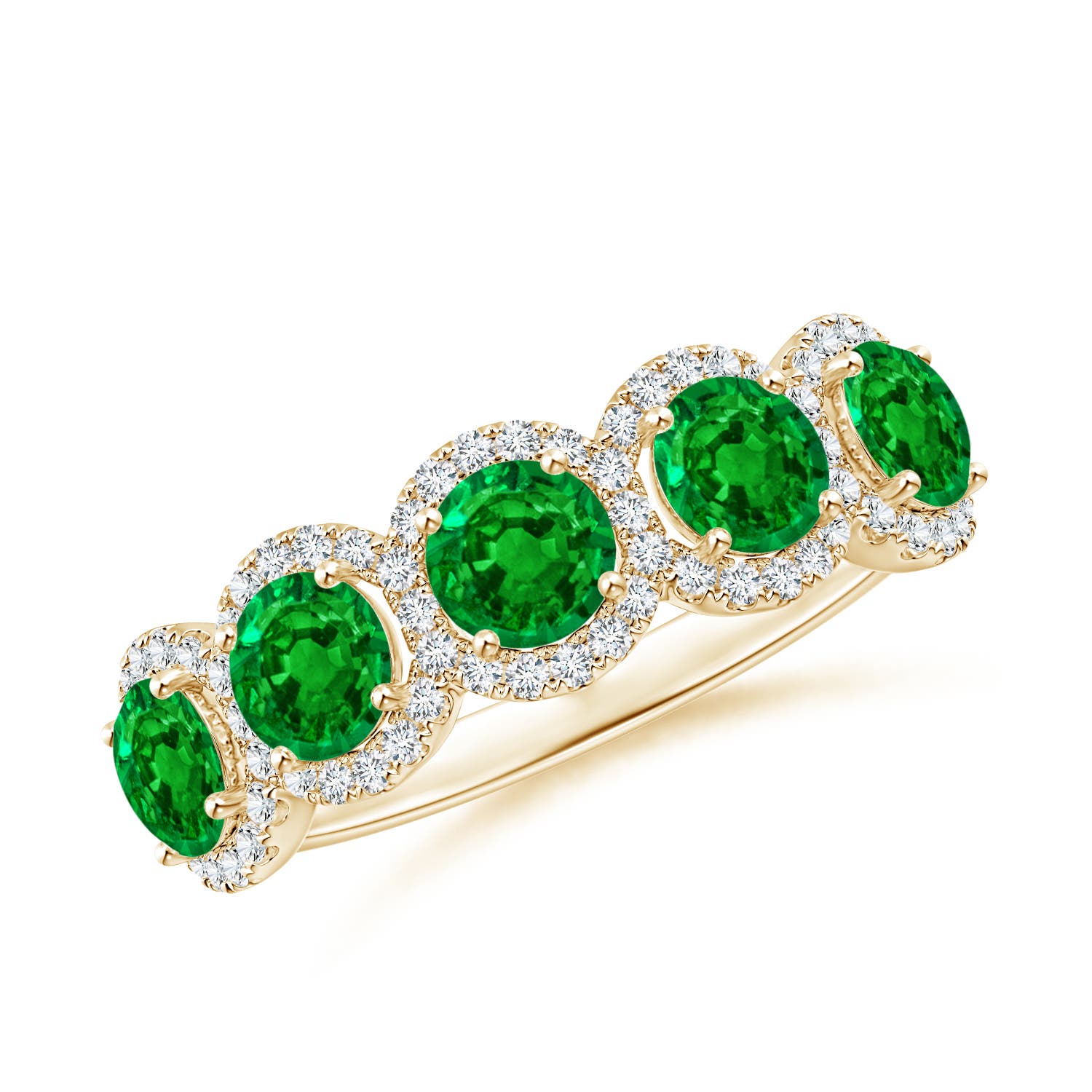 Angara 1.2 Carats Half Eternity Five-Stone Emerald Halo Ring in 18K Yellow Gold