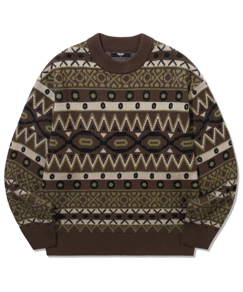 Vintage Fair Isle Jacquard Crewneck Knit_Brown