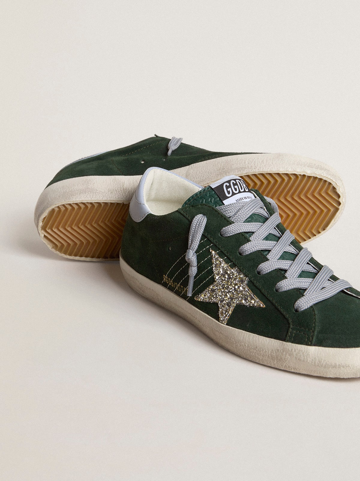 Golden Goose - Women's Super-star In Green Suede, Silver Glitter Star And Leather Heel Tab, Woman