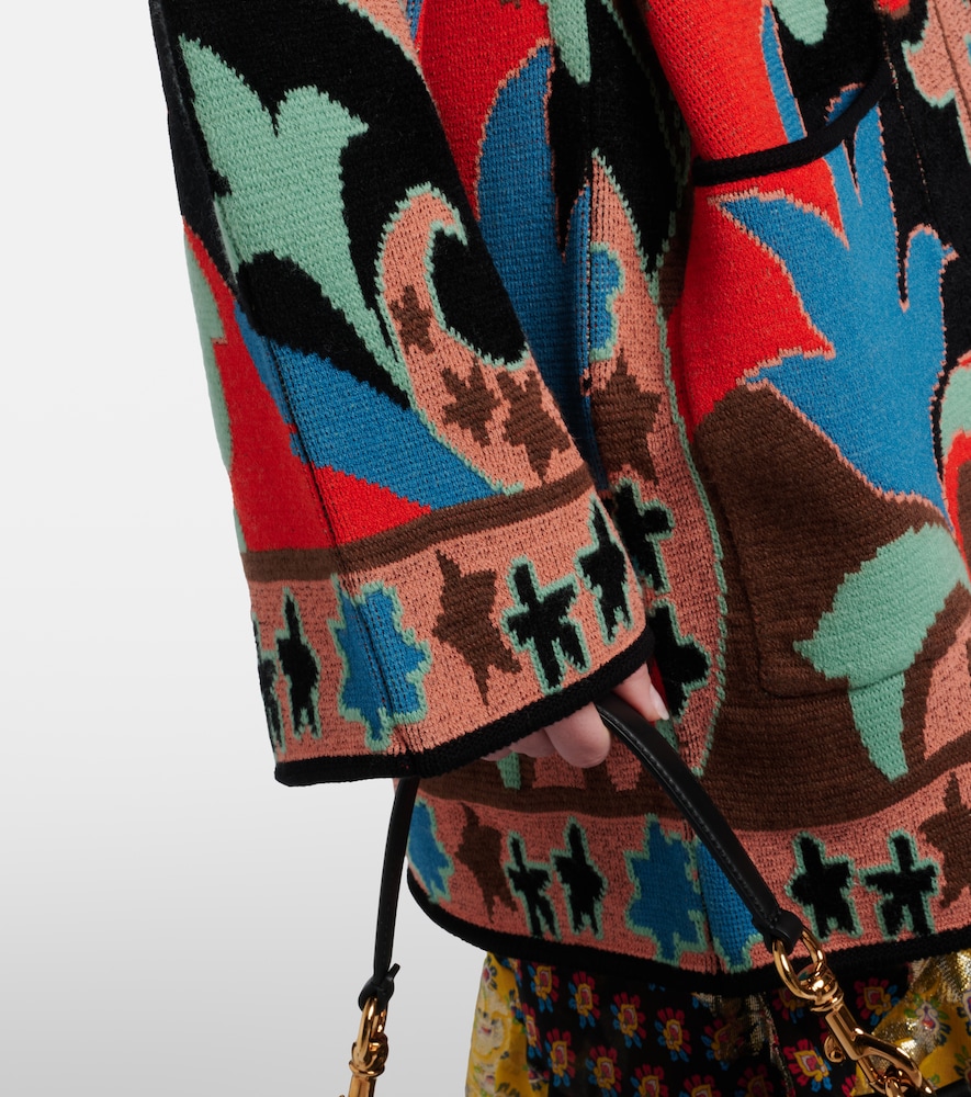 Belted jacquard wool-blend wrap cardigan