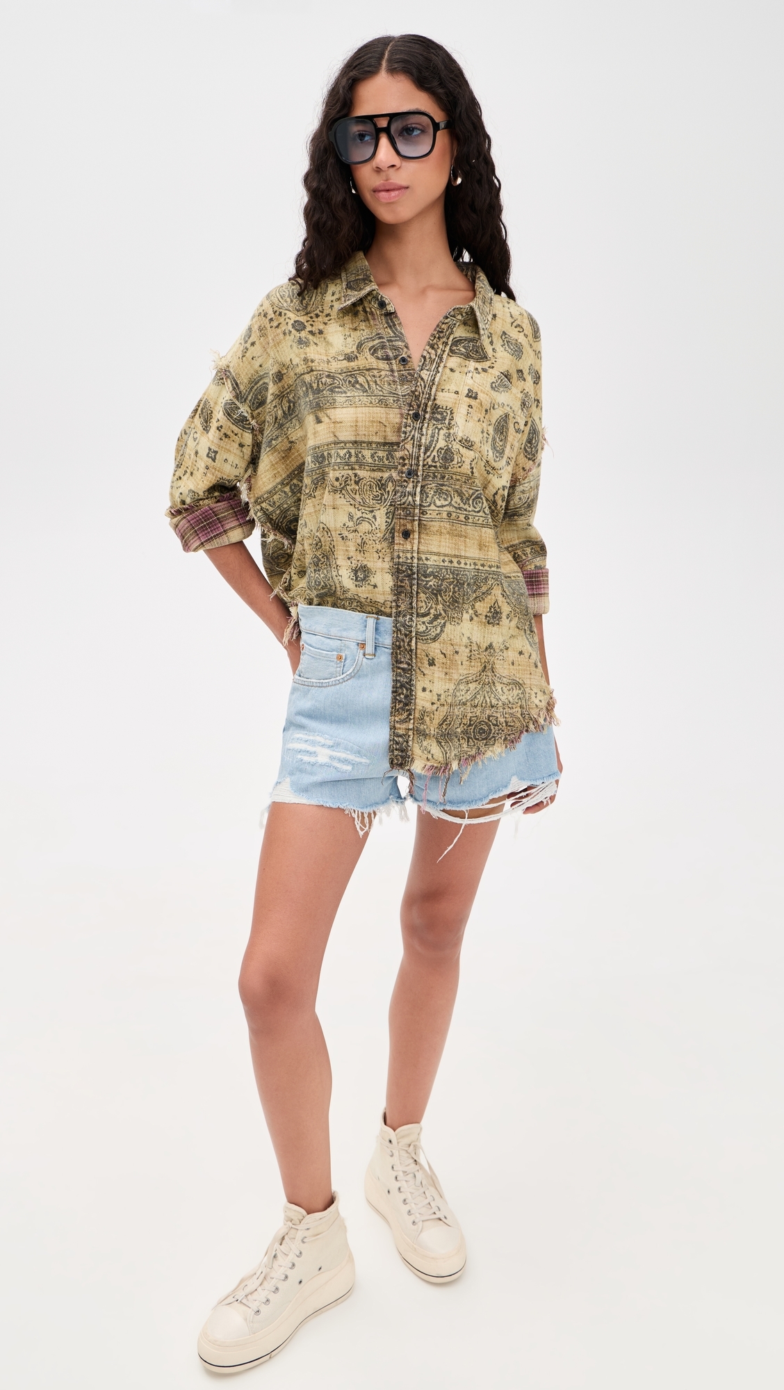 Shredded Seam Drop Neck Shirt Khaki Bandana Black Overprint