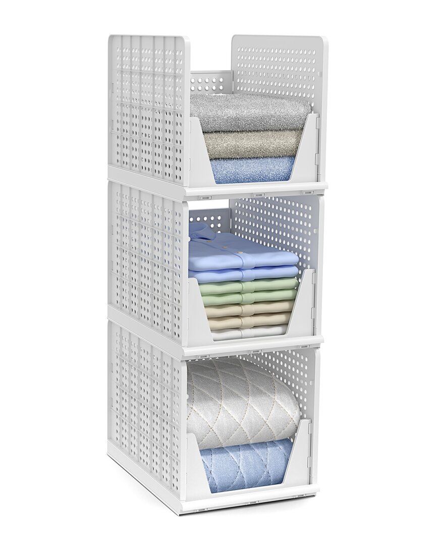 Set of 3 Extra Large Foldable Open-Front Stackable Plastic Baskets