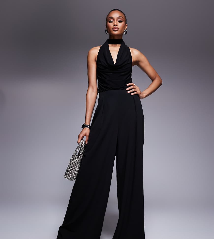 ASOS DESIGN Tall cowl fabric mix wide leg jumpsuit with tie neck in black