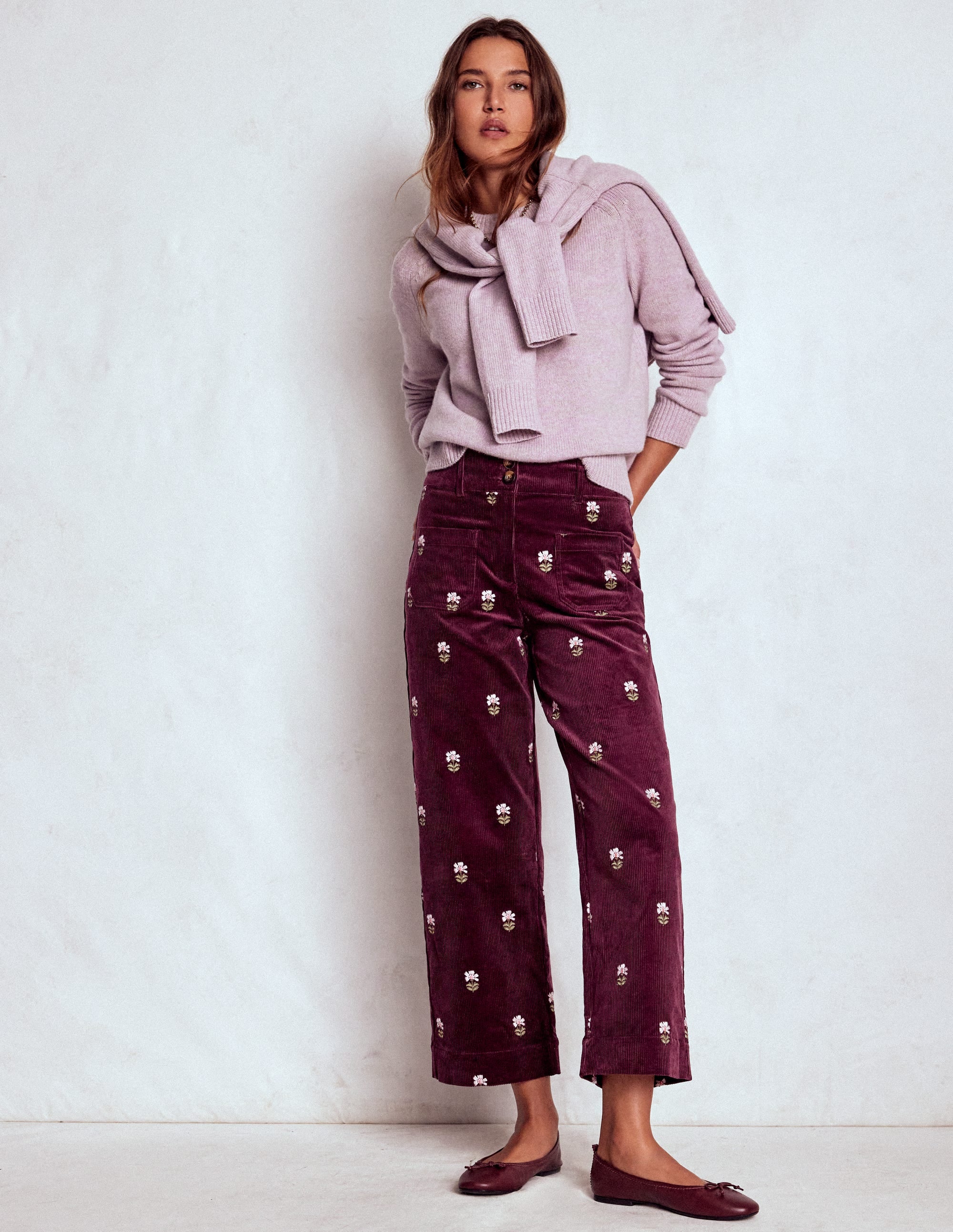 Primrose Cord Pants Dark Cherry Embroidery