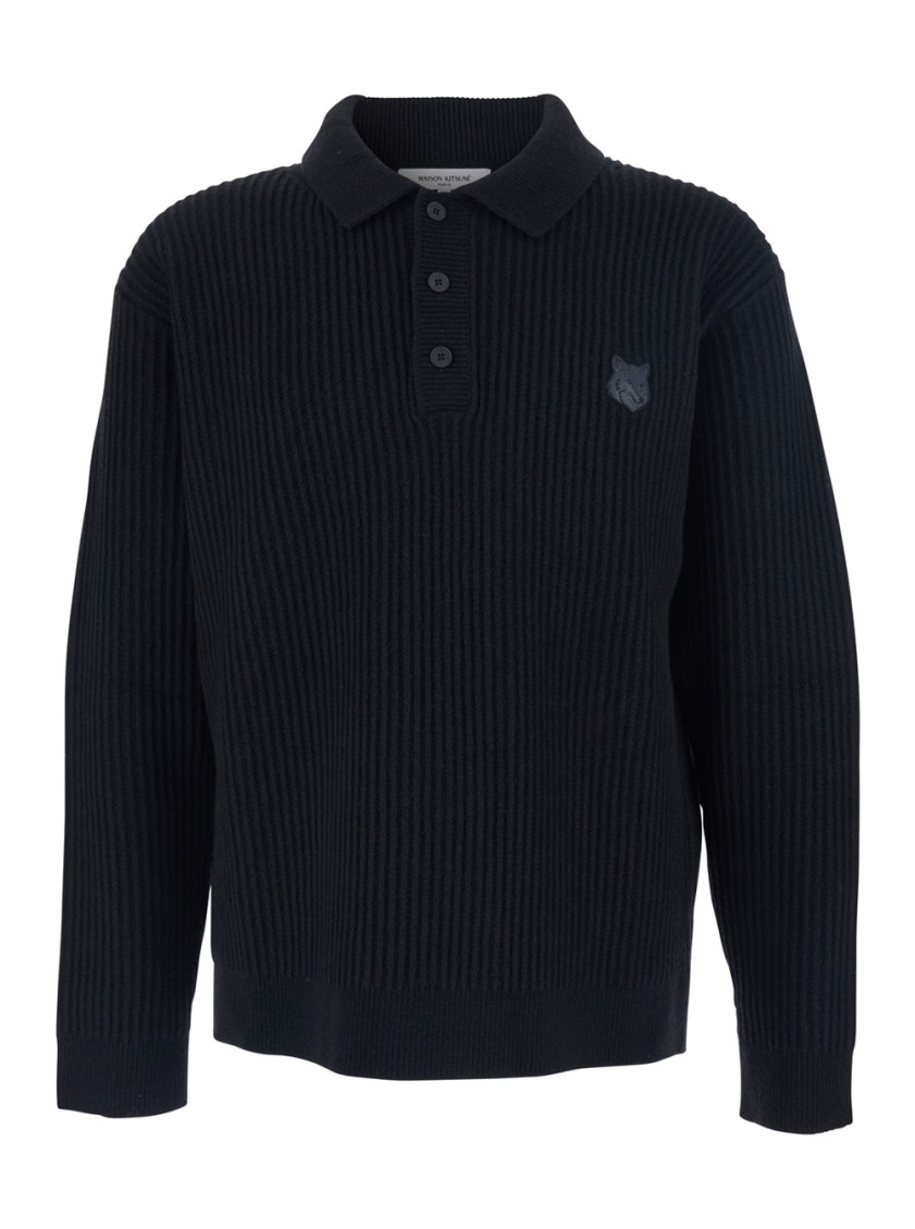 Fox Head Wool Ribbed Polo Jumper