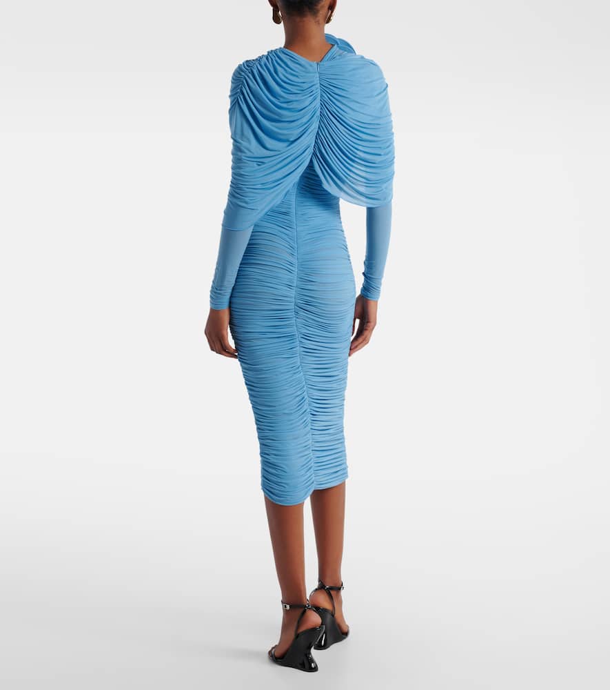 Floral-appliqué ruched caped midi dress