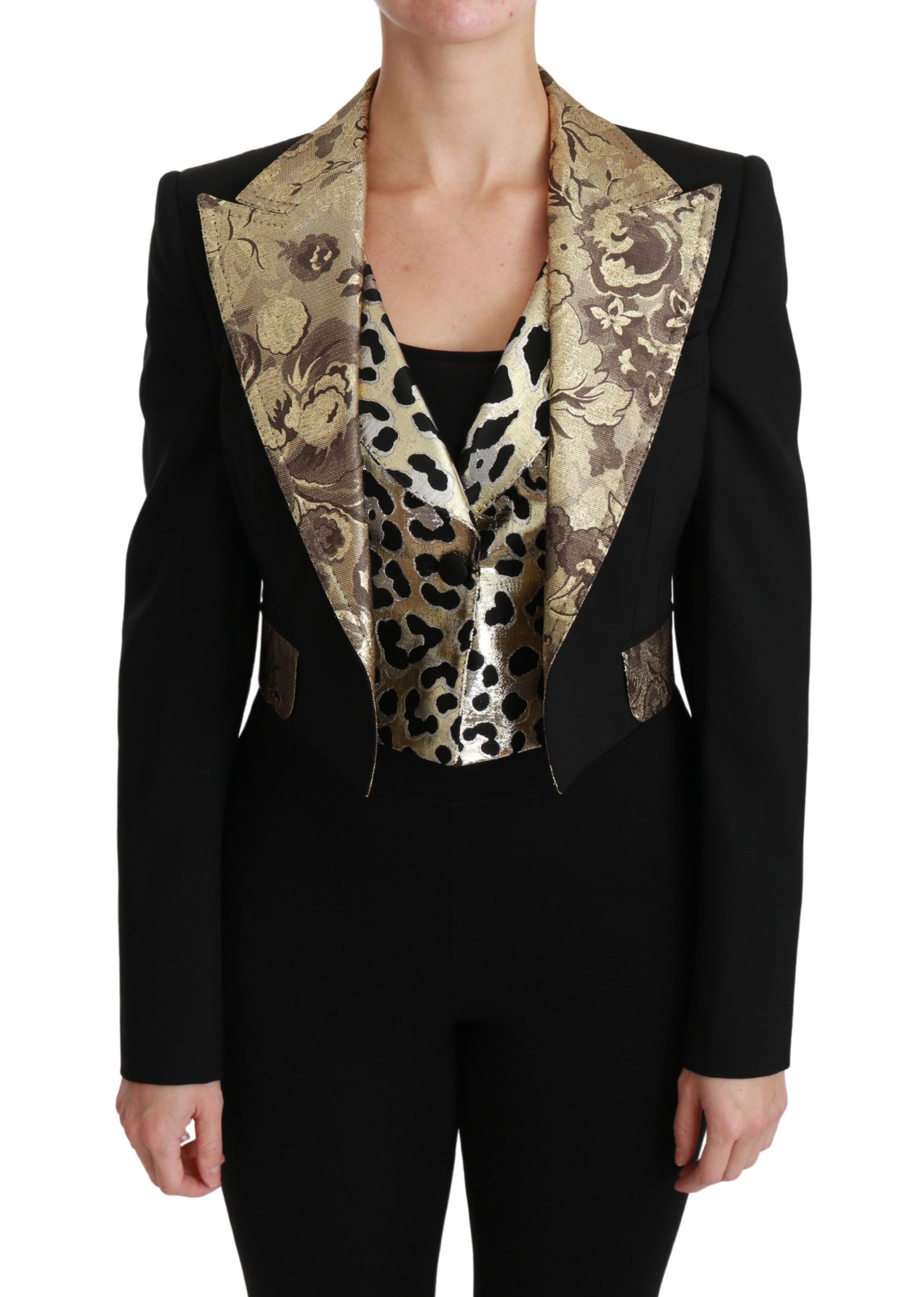 Gold Floral Jacquard Wool Blazer — Black