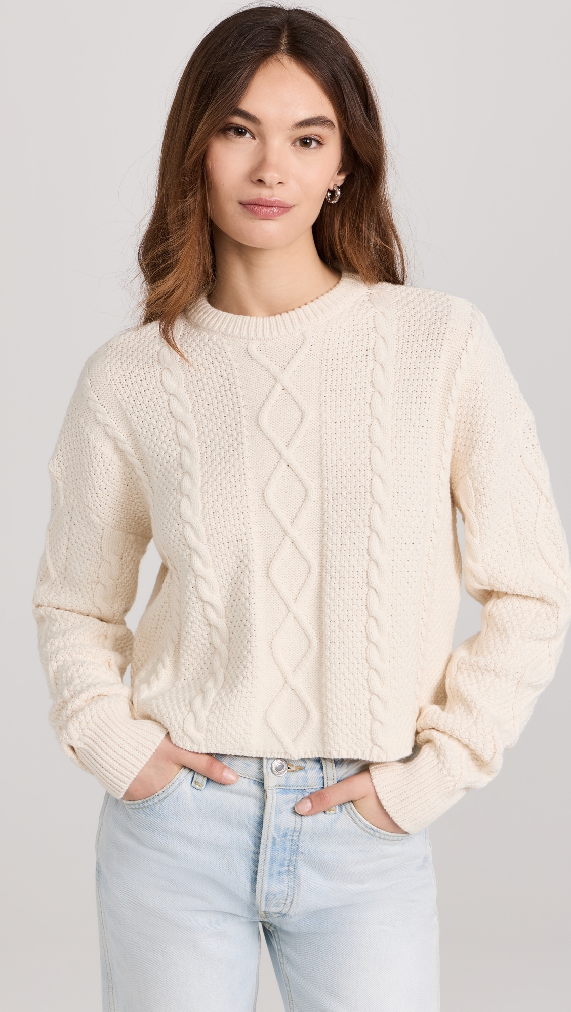 Cable Cropped Crew Sweater Ivory