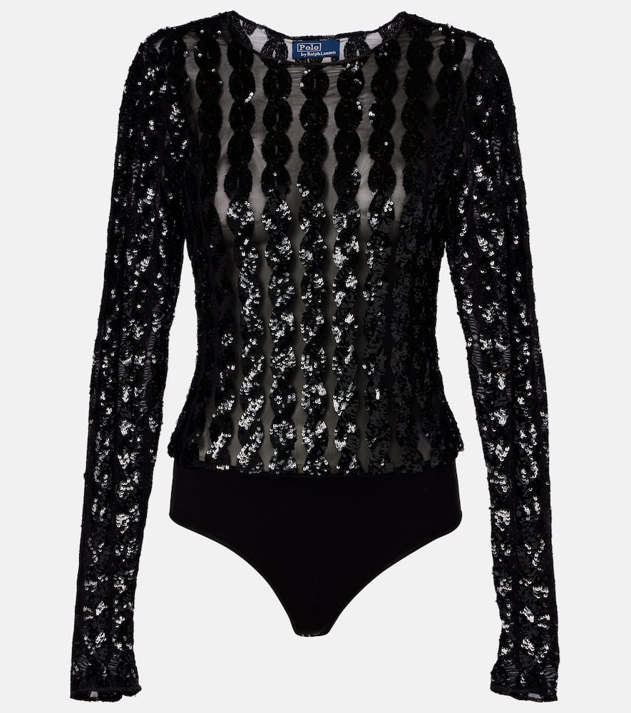 Sequined mesh and jersey bodysuit