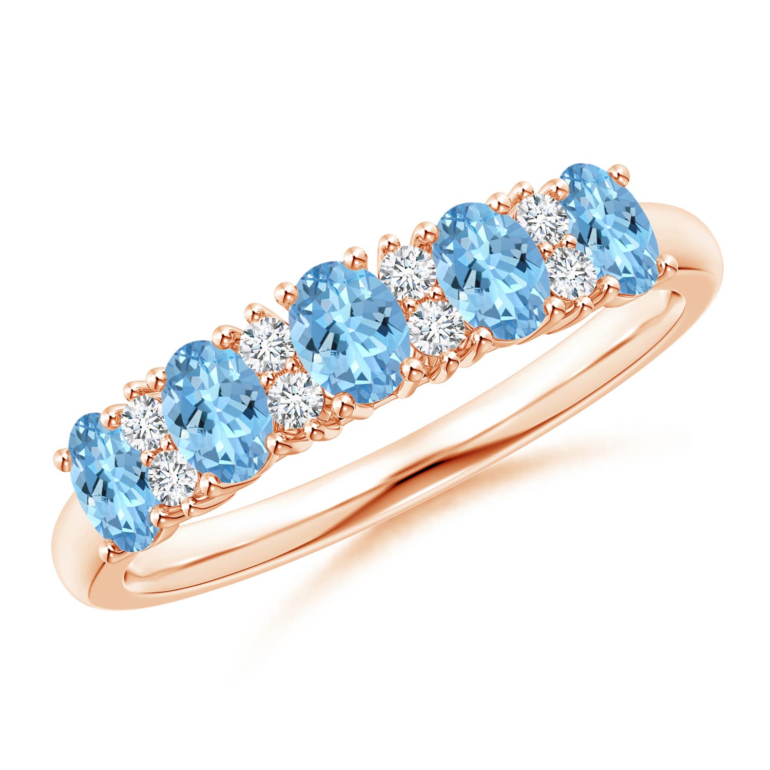 Angara 0.75 Carat Five Stone Aquamarine and Diamond Wedding Ring in 18K Rose Gold