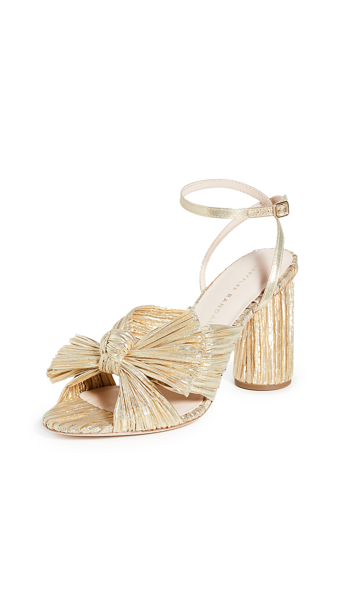 Camellia Gold Pleated Bow Heel with Ankle Strap