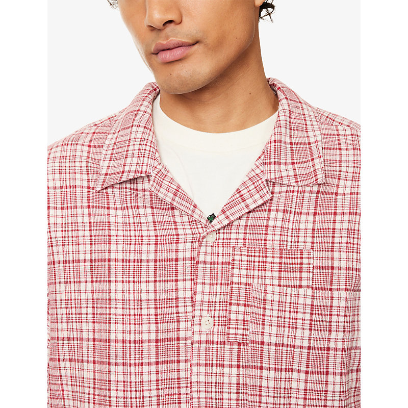 Mens Red Check Greetings Short-Sleeves Cotton-Knit Shirt