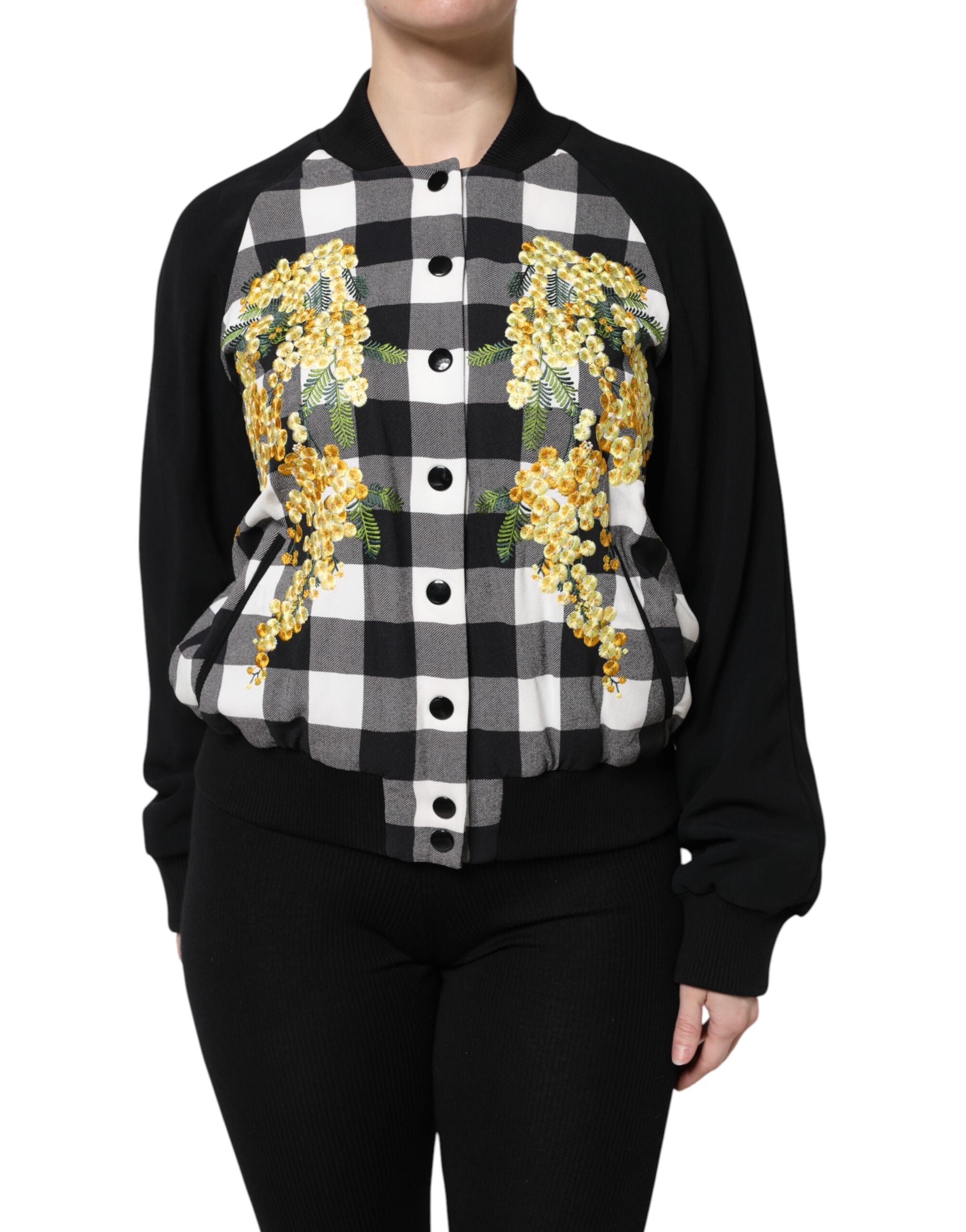 Check Floral-Embroidered Jacket — Black