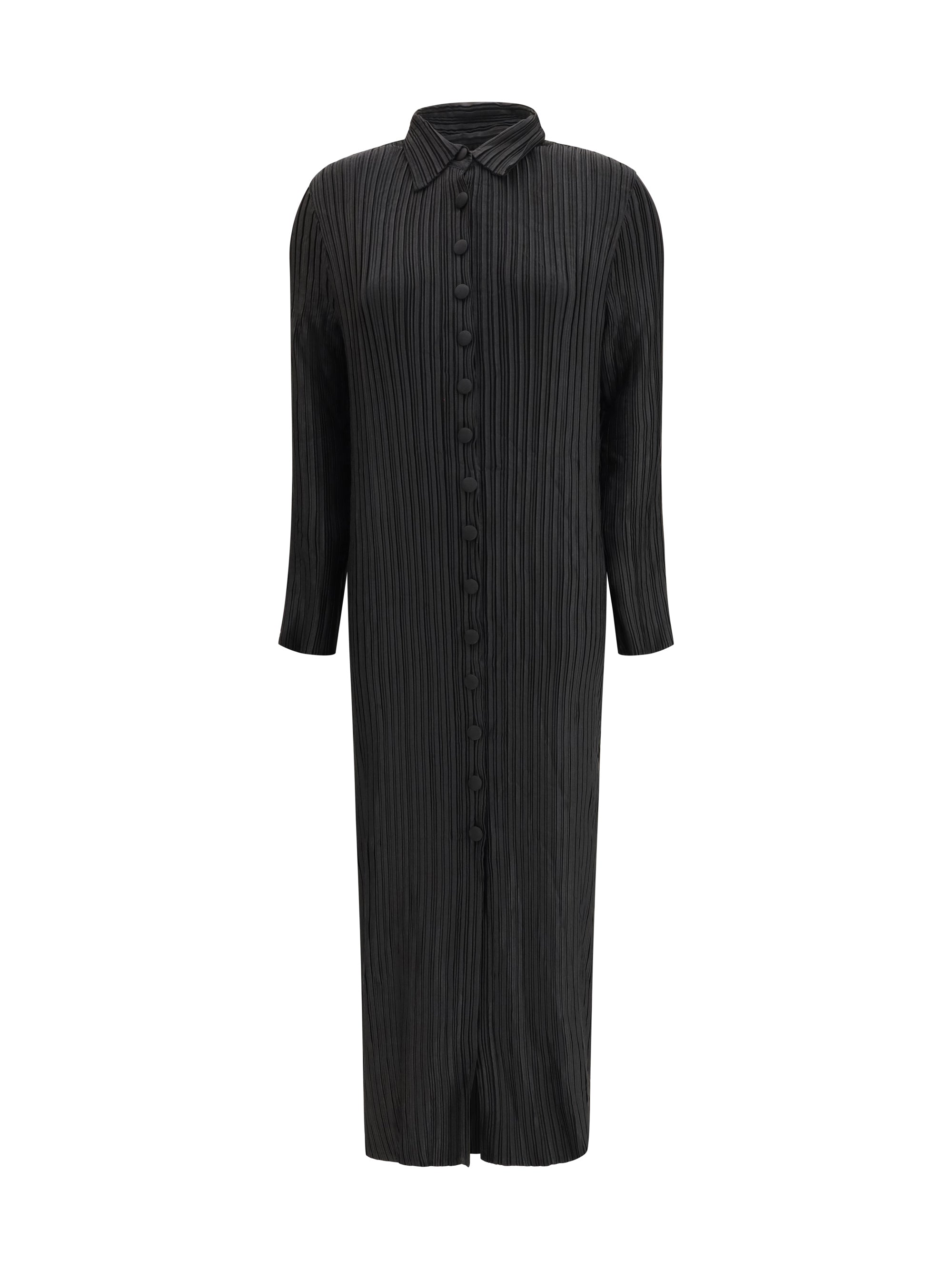 Pleated Shirt-Collar Dress — Black