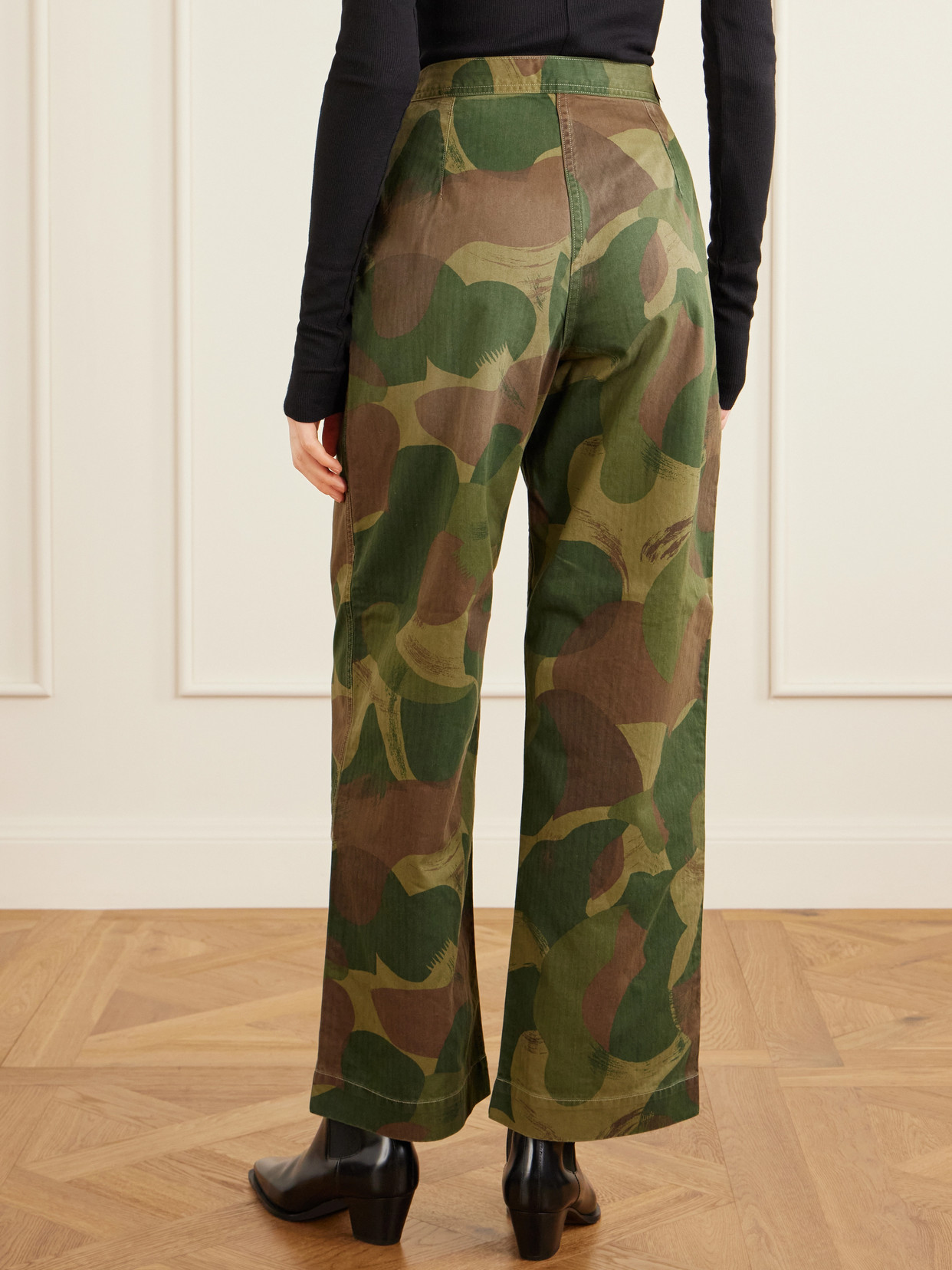 Camouflage-print Cotton Wide-leg Pants - Green
