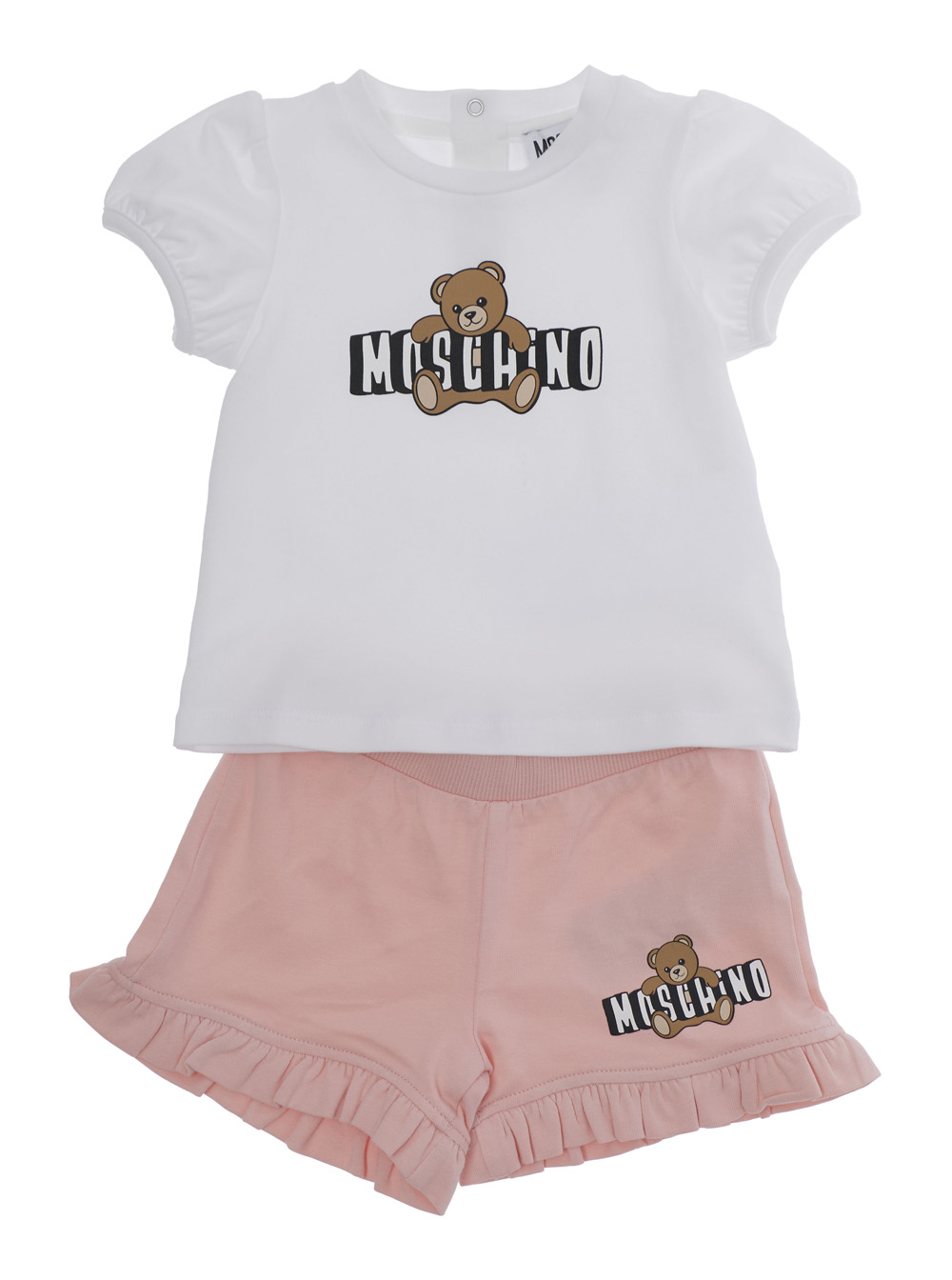 White and Pink T-Shirt Shorts Set with Logo on the Front in Cotton Stretch Baby Elastane Suits - Kids