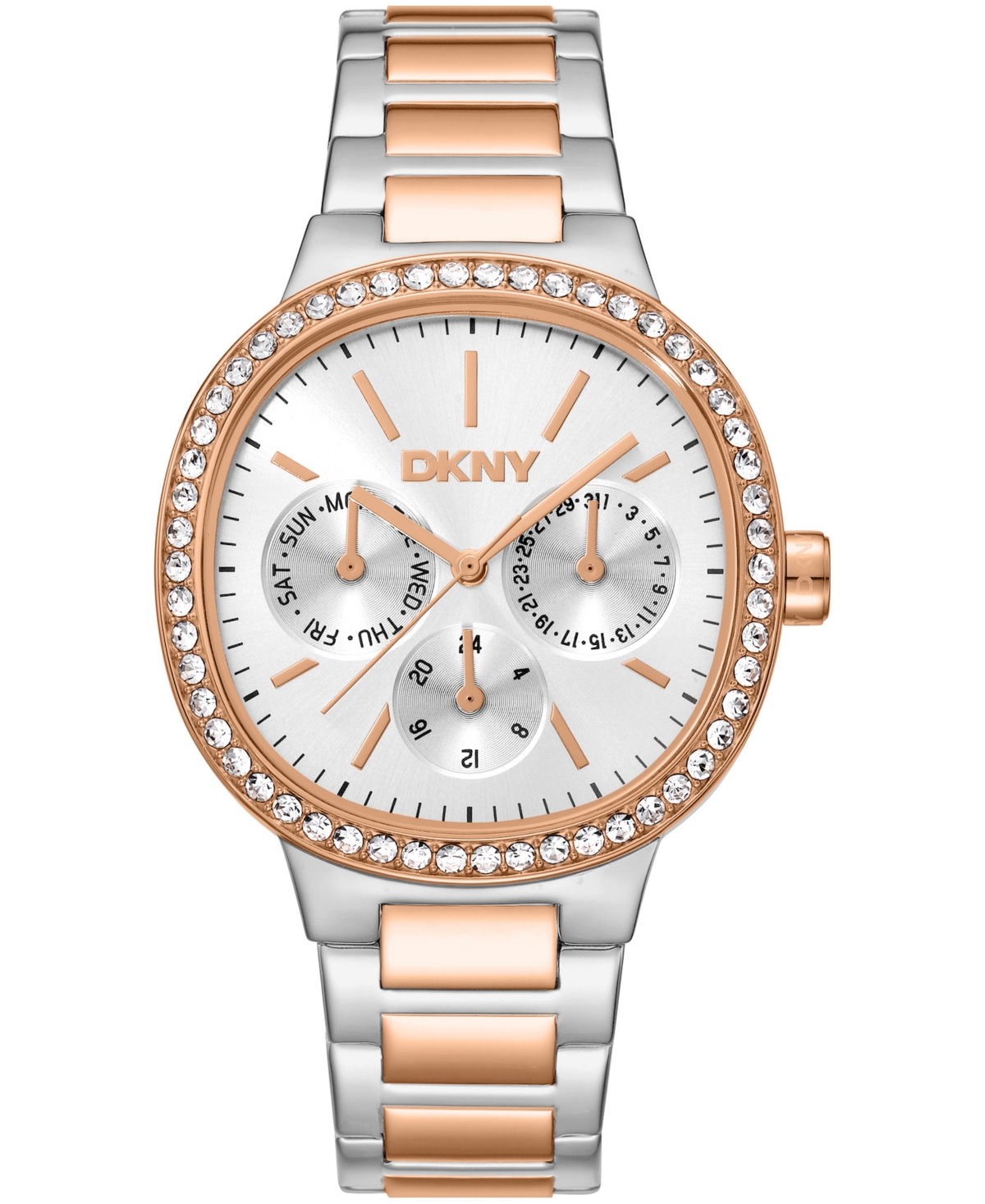 Women's Silver Dial Crystal Bezel Two-Tone Red Gold Stainless Steel Bracelet Multifunctional Watch, 36mm - Silver