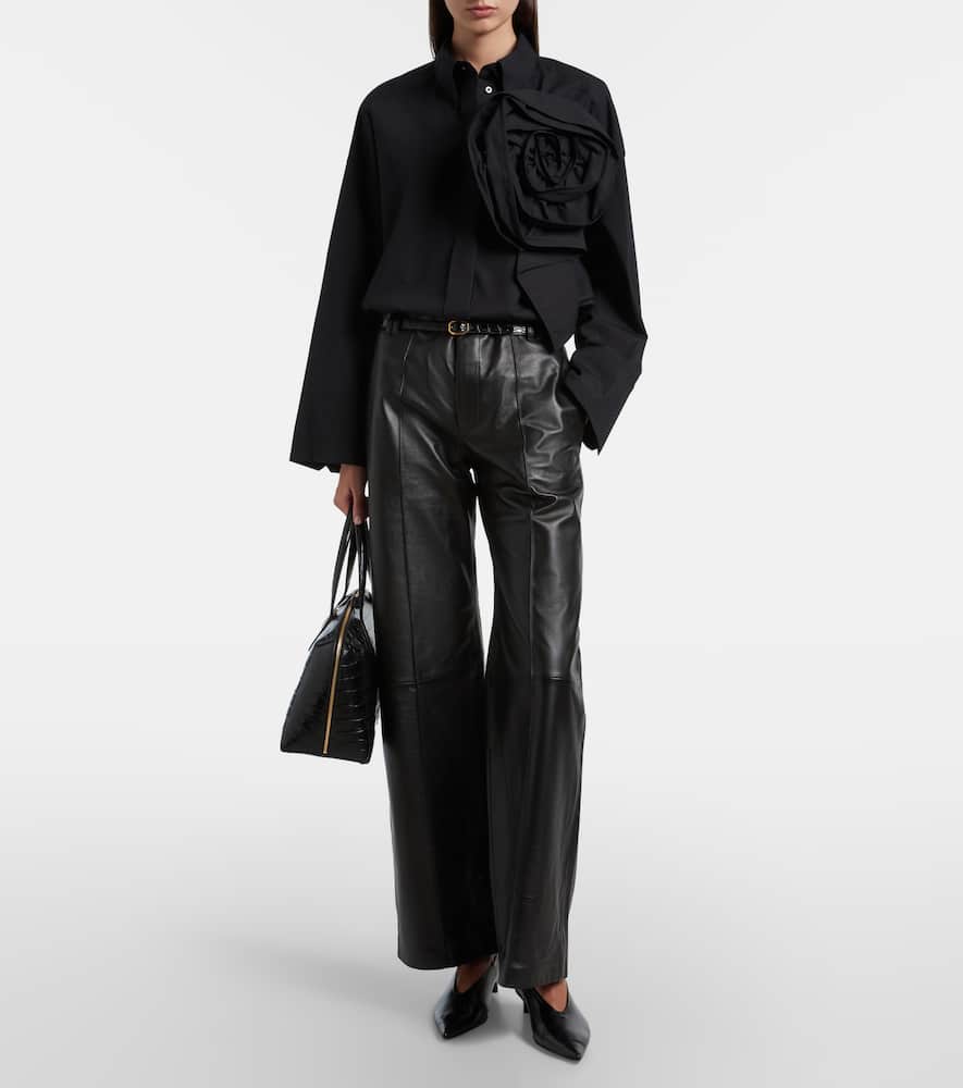 Floral-appliqué oversized cotton-blend shirt