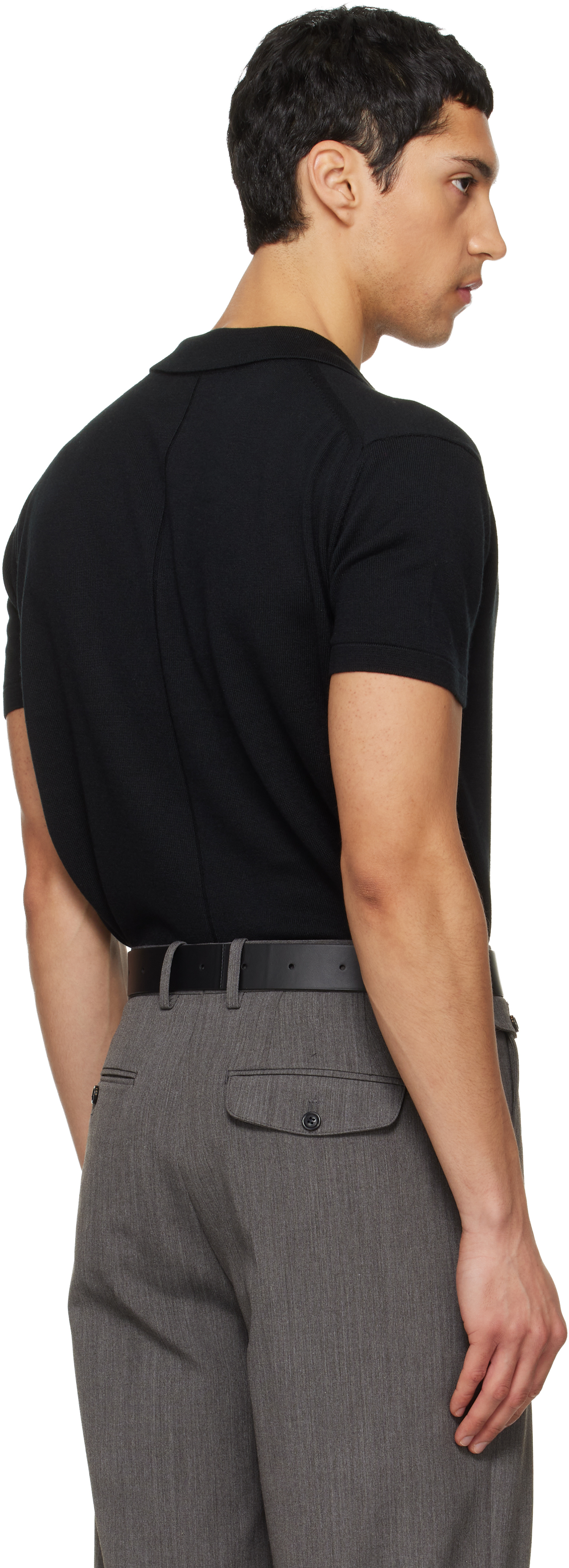 Black Silk Cashmere Open Collar Knit Polo
