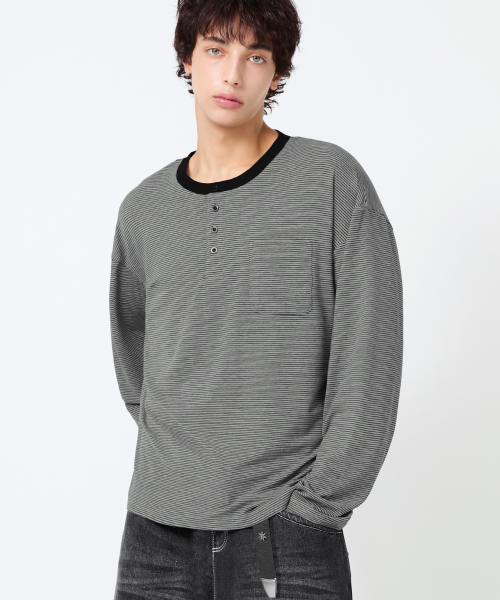 Thin Stripe Pocket Henry Neck Long Sleeve_4color