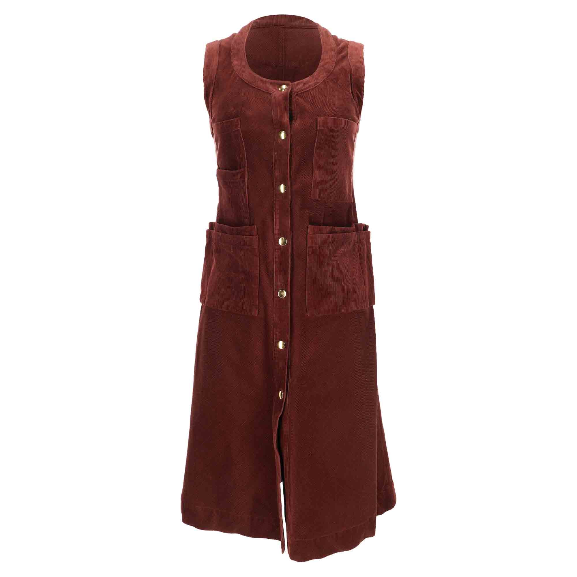Button-Down Sleeveless Midi Dress in Burgundy Corduroy