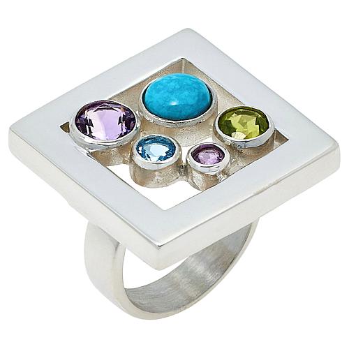 Sterling Silver Multigemstone Square Ring