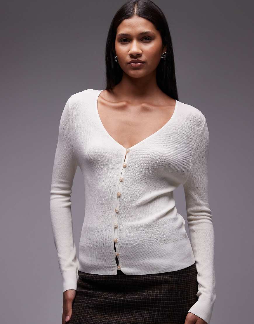 Knitted fine rib cardigan in ivory-White