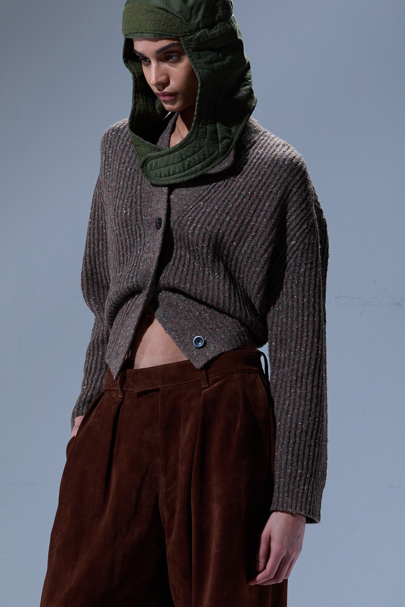 R13 Split Hem Ribbed Cardigan - Brown Tweed