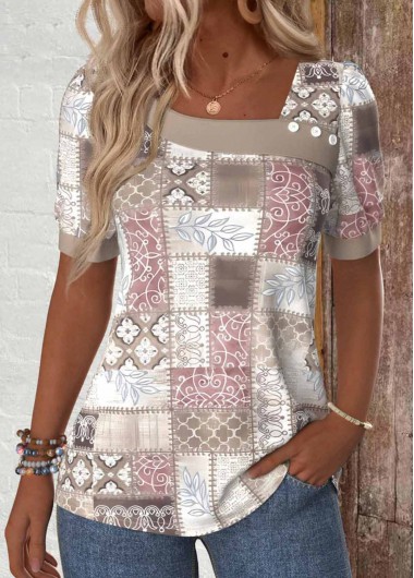 Modlily Light Coffee Patchwork Geometric Print Short Sleeve T Shirt