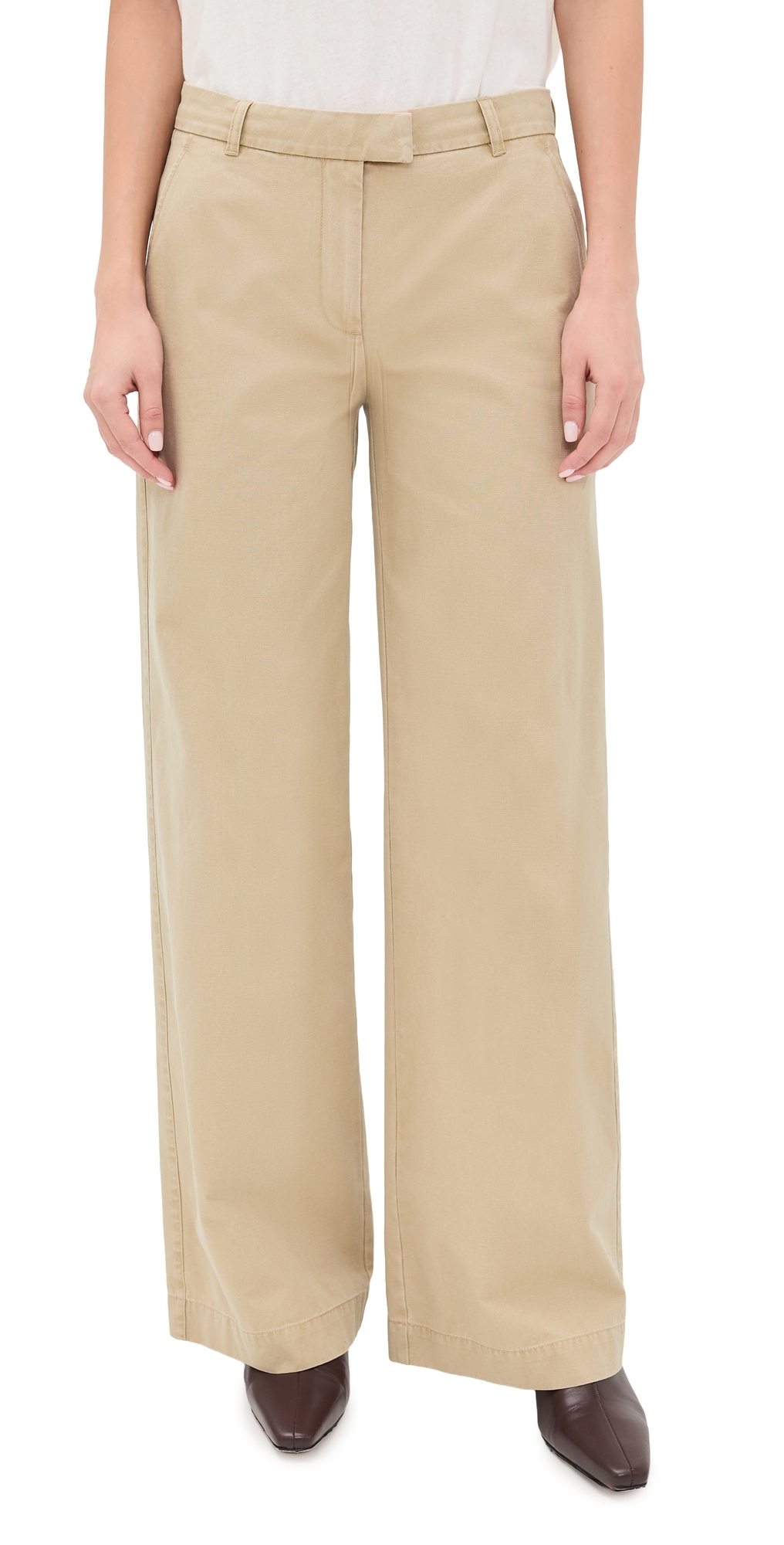 Cotton Twill Wide Leg Trousers Khaki