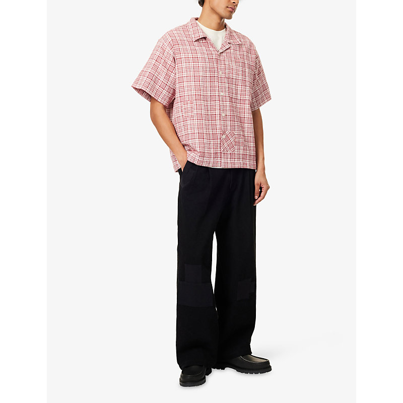Mens Red Check Greetings Short-Sleeves Cotton-Knit Shirt