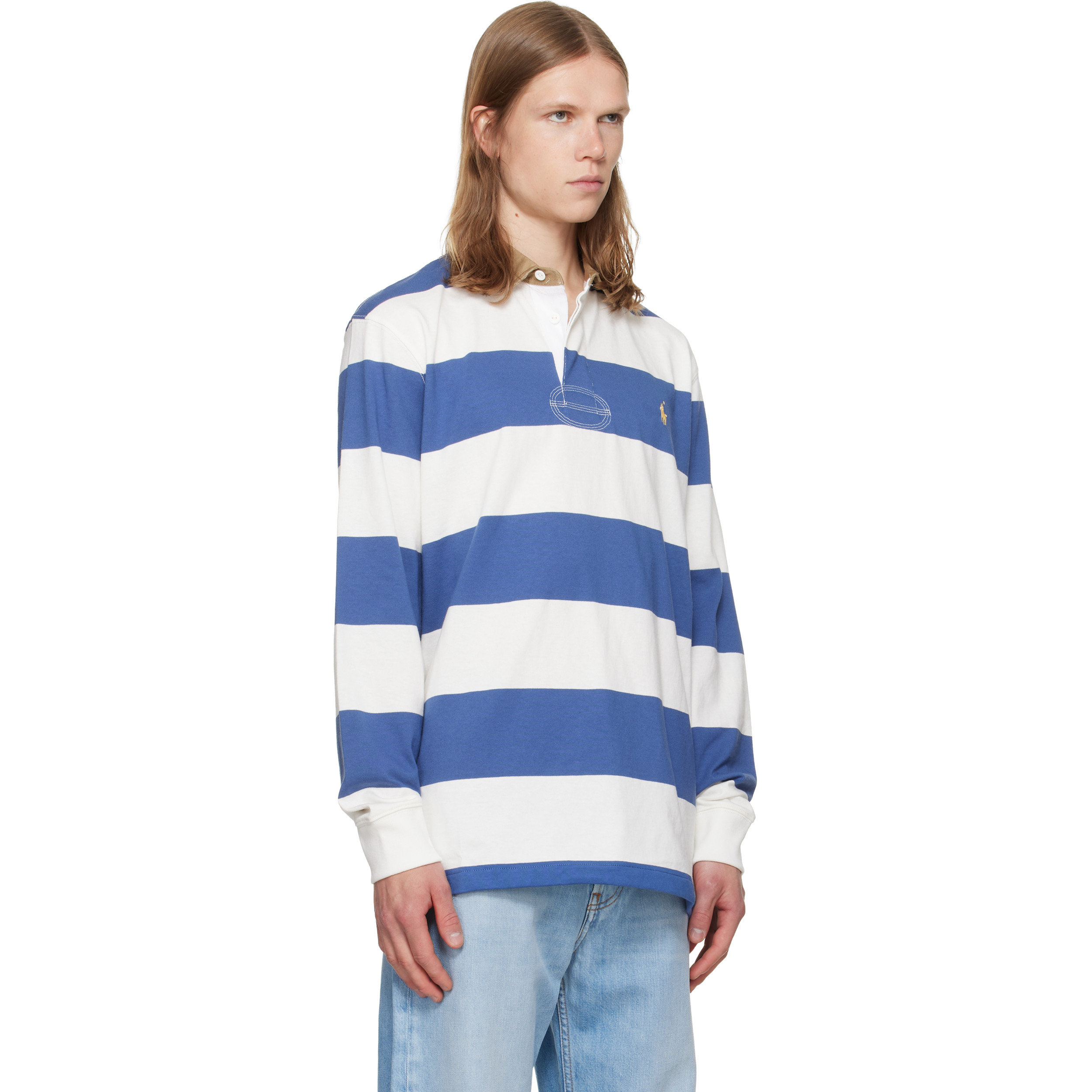 White & Navy Classic Fit Khaki-Collar Rugby Shirt