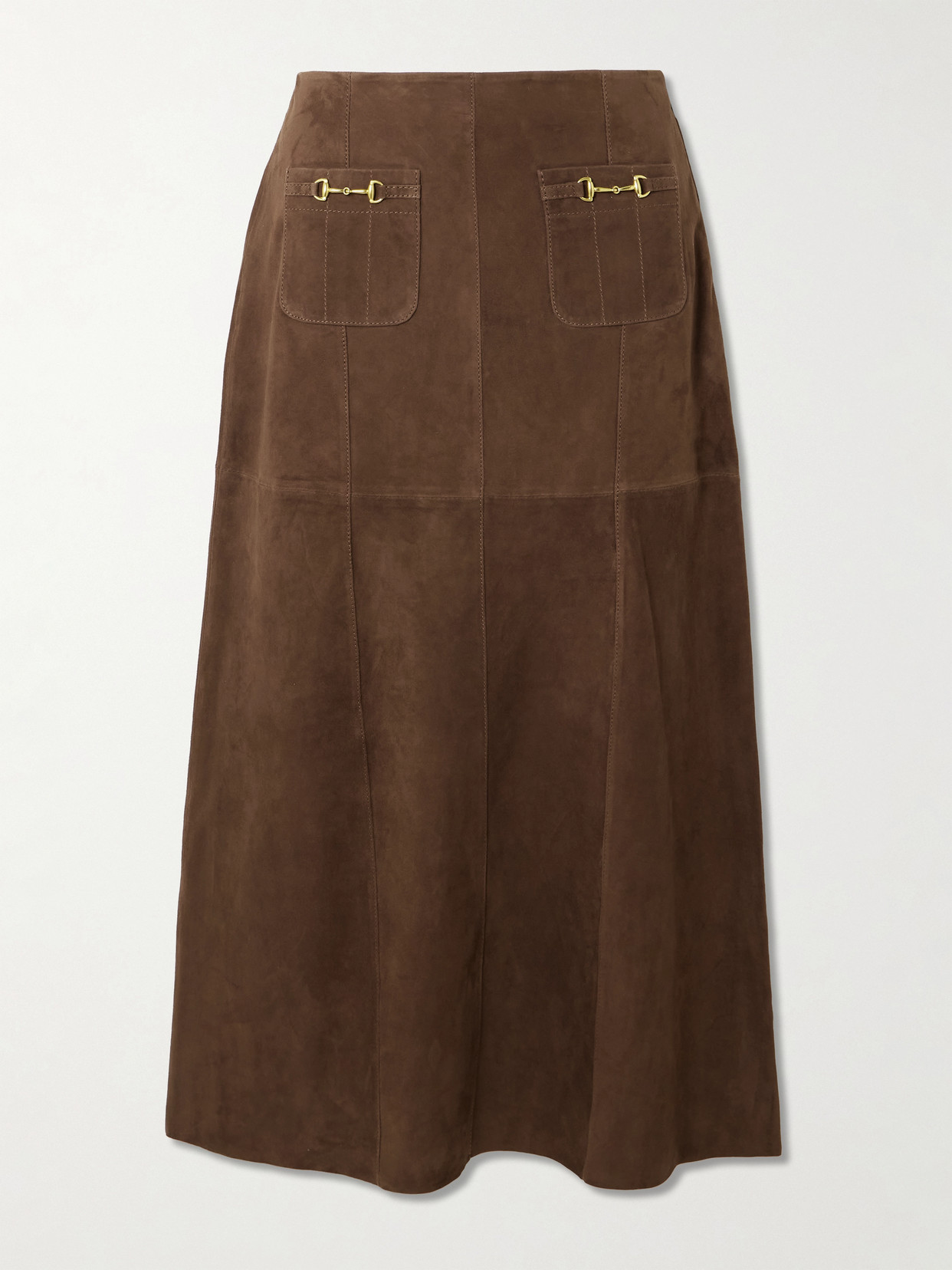 Edwina Embellished Paneled Suede Midi Skirt - Brown