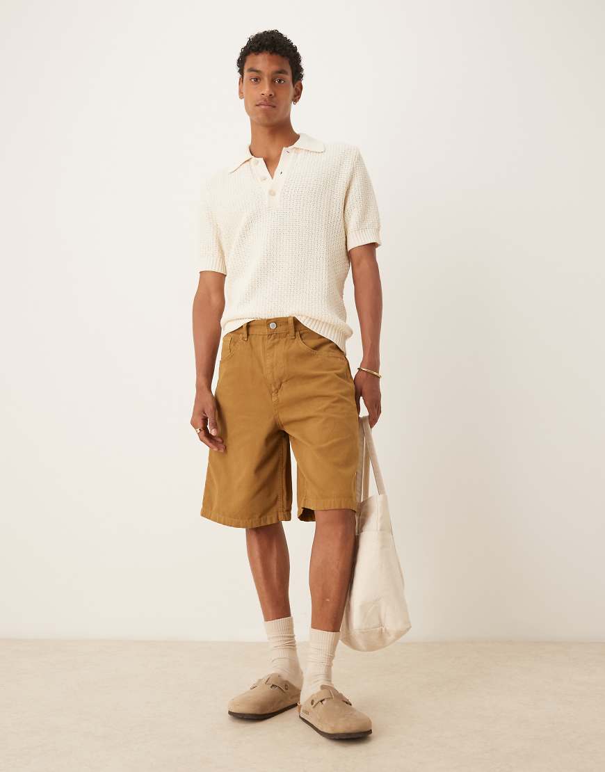 Long length carpenter shorts in tan-Brown