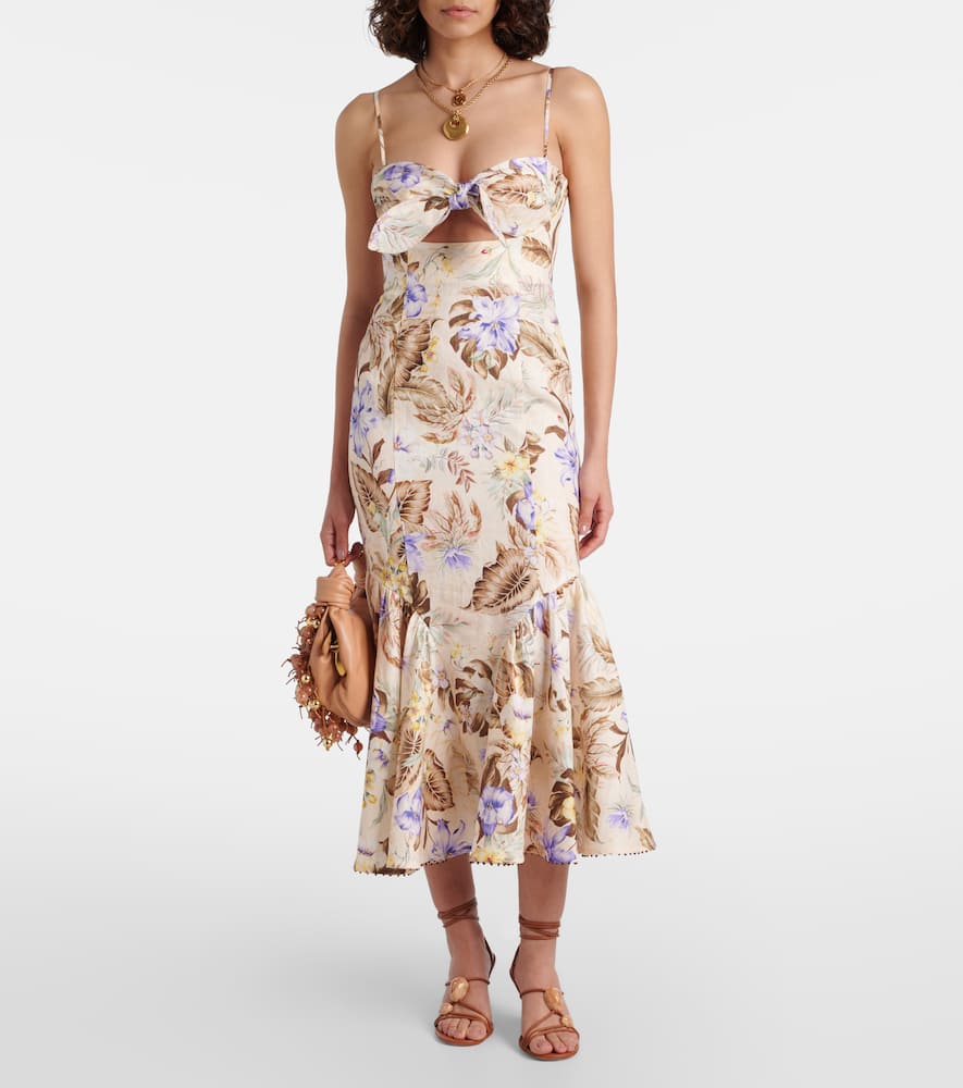 Coco bow-detail floral linen midi dress
