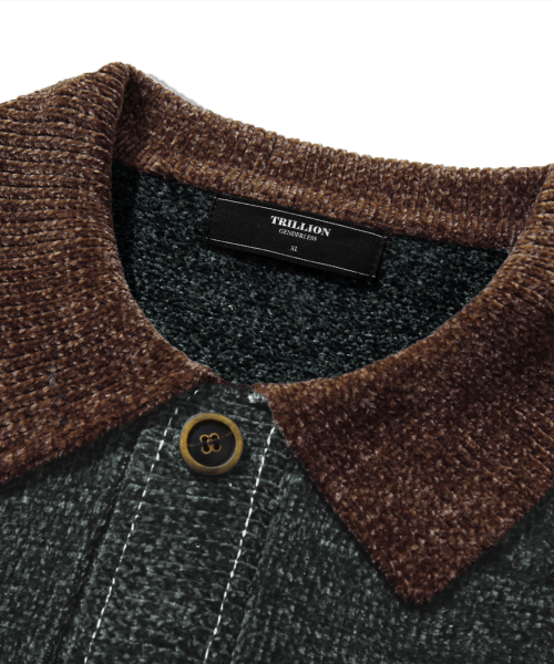 Leather Patchwork Velvet Cardigan Knit _ Khaki