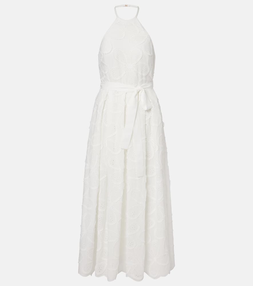 Embroidered belted cotton-blend midi dress