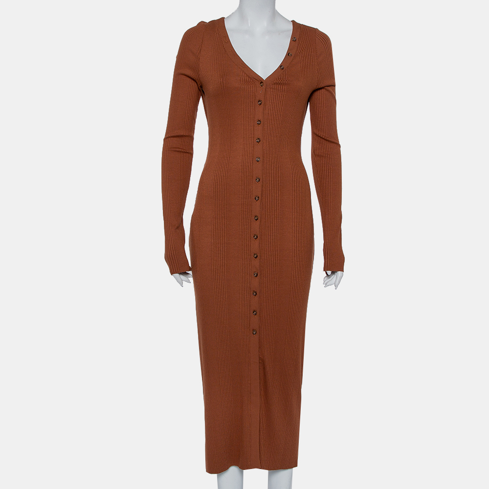 The Range Brown Rib Knit Button Front Midi Dre