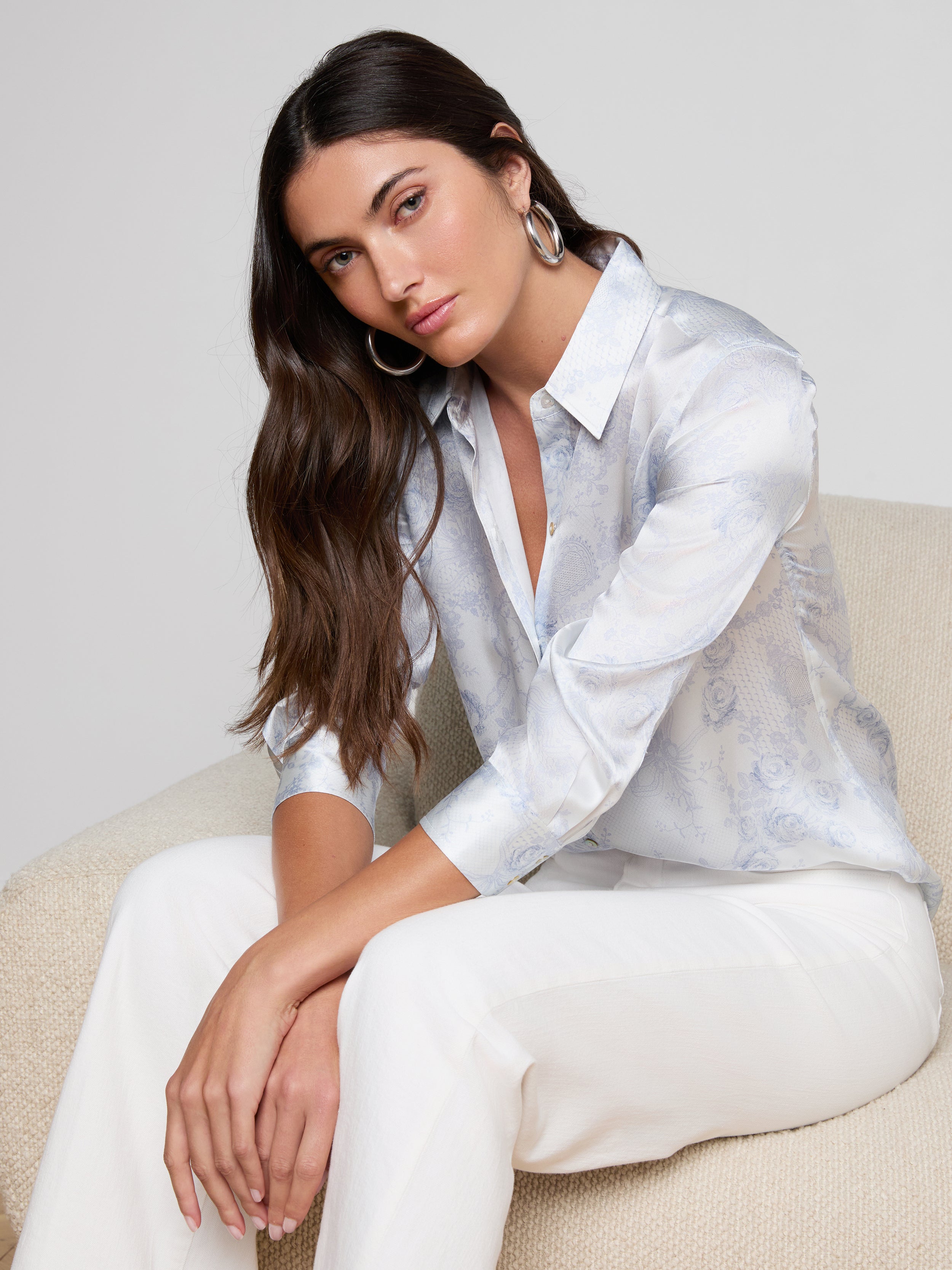 Dani Silk Blouse Top In Ivory/pale Mist Blue Lace Print