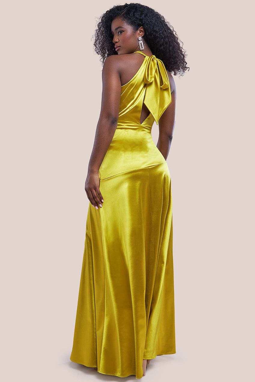 Halter Neck Front Split Satin Maxi Dress