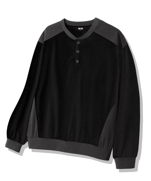 Waffle Color Block Henley Neck Sweatshirt_Black